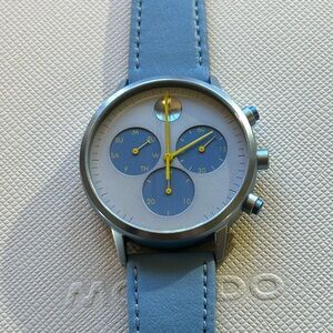 Movado FACE Watch With 43mm Silver Chronograph Face & Sky Blue Tone Leather Band